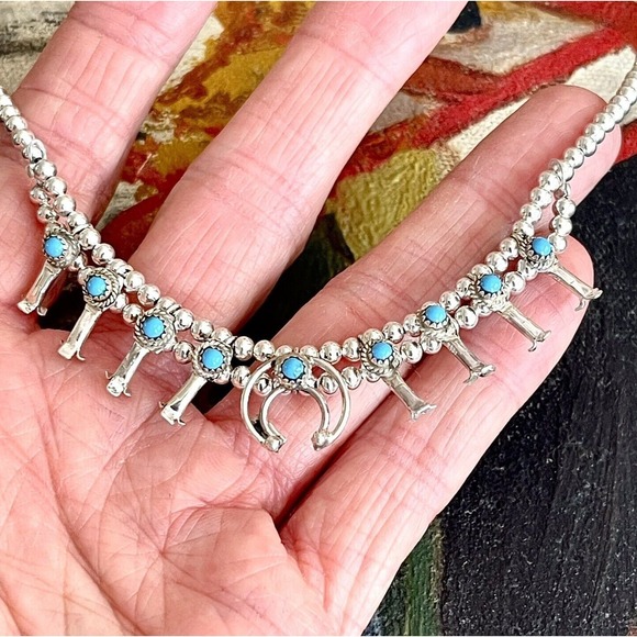 Native American Navajo Indian Jewelry Jewelry - Baby Squash Blossom Necklace Signed LAR Larry Curley Navajo Turquoise Small USA